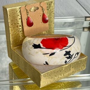 Vintage Laurel Burch Red Enamel Tear Drop Earrings & Floral Lucite 70’s Bangle